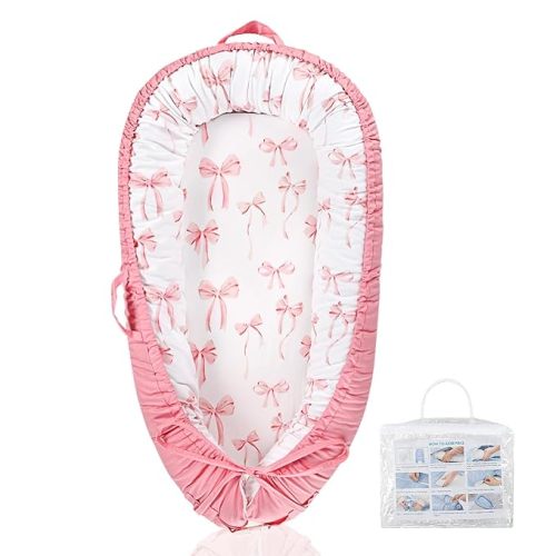 Baby Lounger Pillow with 100% Cotton Newborn Nest Backup Cover for Ultimate Comfort, Soft & Breathable Infant Nest Cover for Baby Girls, Pink Bow