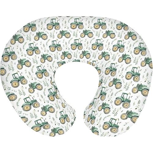 Watercolor Green Tractors Baby Nursing Pillow Covers for Boy Girl Farm Tractors Boho Leaves Nursery Feeding Pillowcase for Breastfeeding Pillows Farm Life Soft Stretchy Slipcovers for Newborn Infant