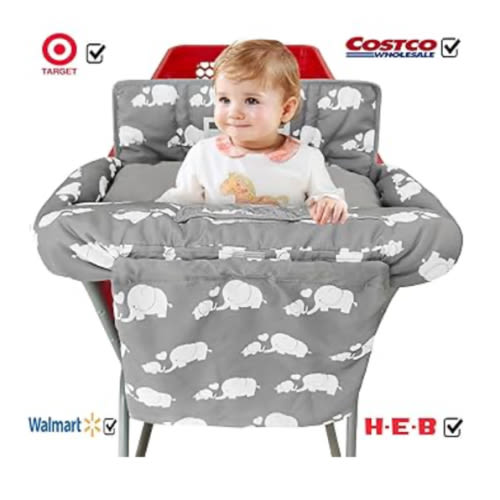 Soft Pillow Attached 2-in-1 Shopping Cart and High Chair Cover for Baby, Cotton Padded Cart Cover, Fold'n Roll Style, Portable with Carry Bag (Gray Elephant)