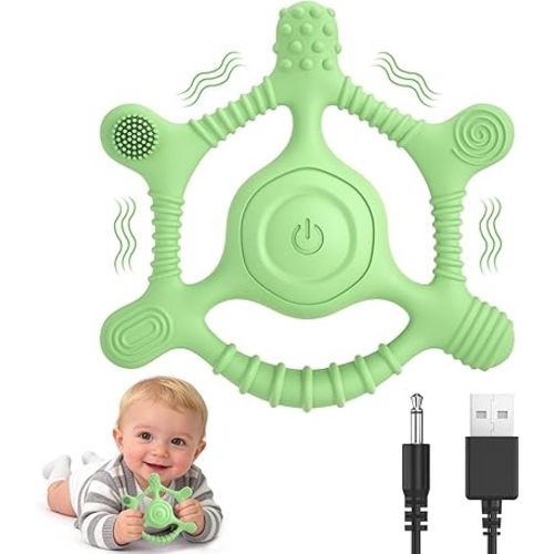 Vibrating Teether for Baby | Sensory Toys for Kids with Autism | Toddler Travel Essential Teething Toys for Babies 6-18 Months, USB Chargeable & 3X Gentle Vibration Settings (Green)