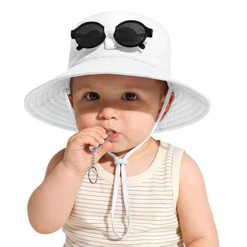 Zando UPF 50+ Baby Girls Boys Sun Hat with Sunglasses Whistle Sun Protection Infant Bucket Hat Newborn Toddler Beach Cap