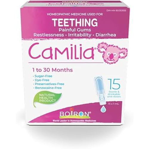Boiron Camilia Baby Teething Relief Medicine, 15 unit-doses (1 ml each). Camilia relieves pain, restlessness, irritability and diarrhea due to teething. Benzocaine-Free and Preservative-Free with Natural Active Ingredient,No Sugar, No Dye. 1 to 30 months.
