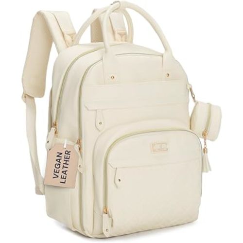BabbleRoo Leather Diaper Bag Backpack - Baby Essentials Travel Baby Bag, Multi function, Water Resistant, with Changing Pad, Stroller Straps & Pacifier Case – Unisex, Eggshell White