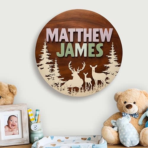 Personalized Nursery Sign, Animals Wooden Sign with Name, Hello World Newborn Sign, Family Deer Sign for Kid Decor, Baby Gifts for Girl, Custom Baby Name Sign, Boy Room Decor, Baby Wall Art Bedroom