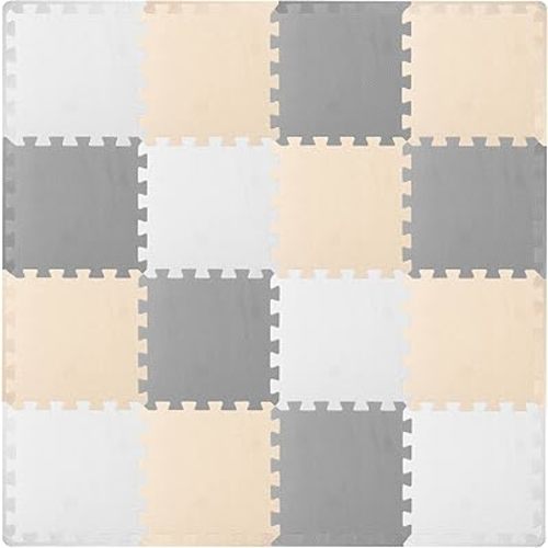 ProSource Foam Puzzle Floor Play Mat for Kids and Babies with Solid Colors, 36 or 16 Interlocking Tiles with Borders, White/Grey/Beige