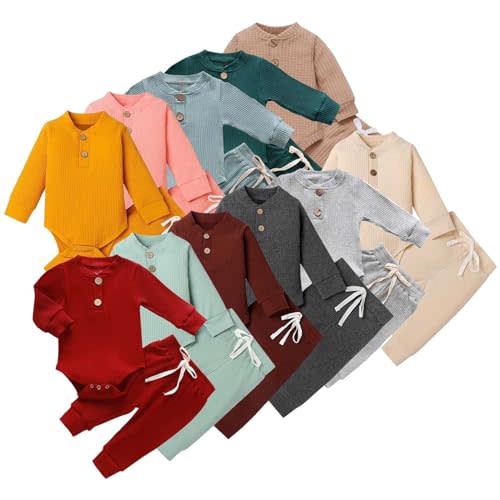AIMAOMI Newborn Baby Boy Girl Clothes Set Infant Ribbed Outfits Fall Winter Solid Color Romper with Elastic Long