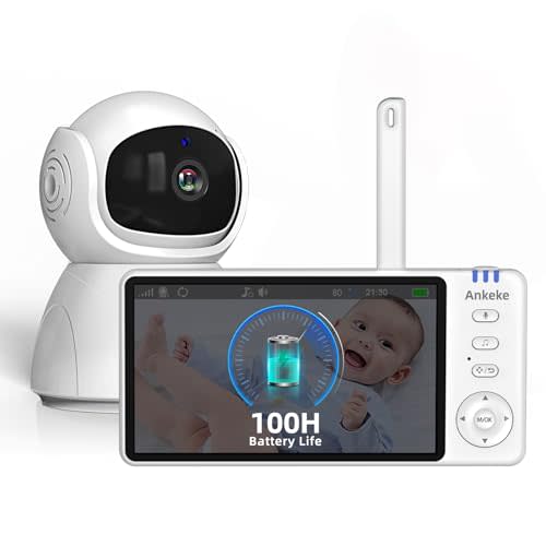 AnKeKe Video Baby Monitor with Camera and Audio,720P 5" HD Wireless No WiFi, 2-Way Talk,Voice Motion Detection, 8 Lullabies, 1000ft Long Range, Night Vision, Temperature & Feeding Alarm, 355 PTZ
