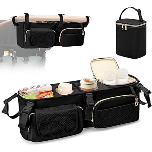 Stroller Wagon Organizer Compatible with Wonderfold W4 Wagon, Parent Console Caddy Wagon Accessories with Cup Holder and Cooler Bag, Black (Empty Bag)