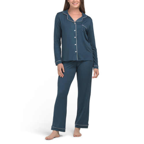 2pc Long Sleeve Notch Collar Pajama Set With Contrast Trim | Clothing | T.J.Maxx