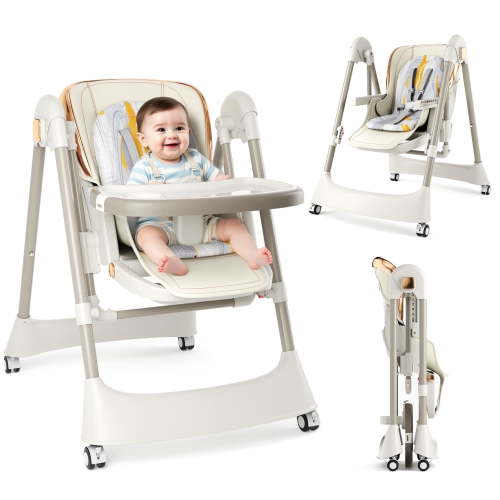 TouHeart 6-in-1 Baby High Chair and Swing Combo, Convertible Highchair for Feeding with 6 Heights, 4 Recline, Foldable with Wheels for Infants Toddlers 9-60 lbs, Beige