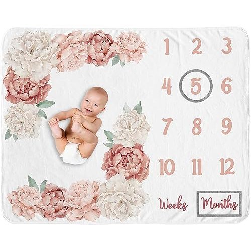 Sweet Jojo Designs Blush Pink Boho Shabby Chic Floral Girl Baby Milestone Blanket Newborn Monthly First Year Photo Growth Chart Infant Memory Gift Set Off White Bohemian Vintage Garden Flower Elegant
