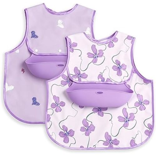 Baby Bib for Eating | Waterproof Baby Smock Bib Shirt | Baby Feeding & Baby Food Bib with Detachable Silicone Catcher | Machine Washable| Easy to Put | 6-24M (Purple)