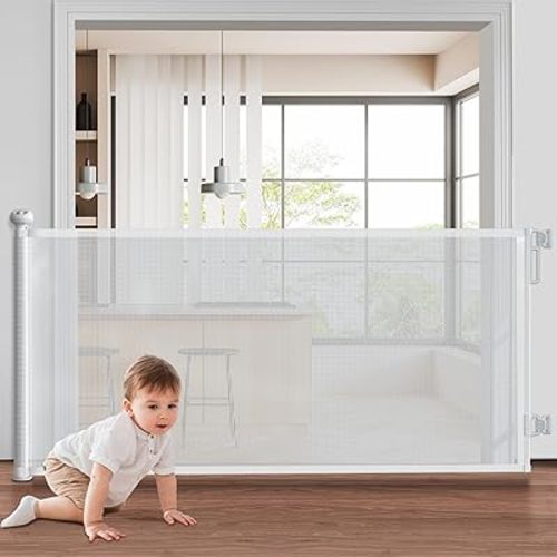 Retractable Baby Gates, 55" Wide Dog Gate, Mesh Pet Gate for Stairs, Door, Corridors, Bedrooms and Various Other Scenarios for Indoor or Outdoor