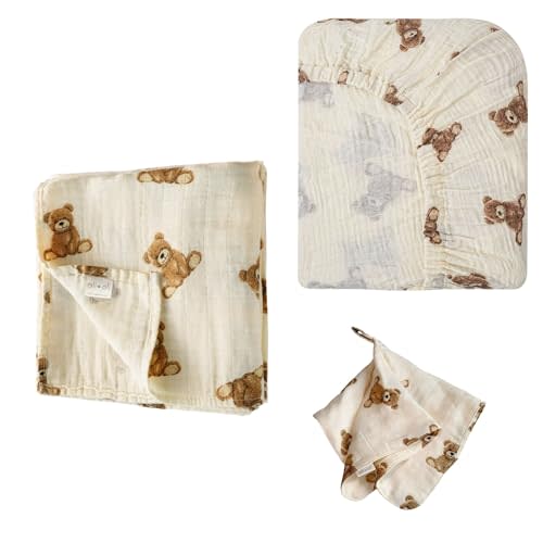 Ali+Oli Teddy Bear Nursery Bundle – Muslin Swaddle Blanket, Fitted Crib Sheet, and Security Blanket Pacifier Holder – Soft Bamboo Cotton Baby Set