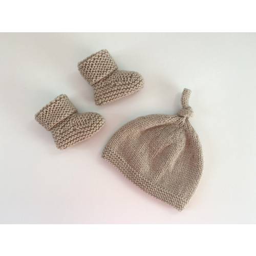 Hand Knitted Hat and Matching Booties Set - 0-3 Months - Stone