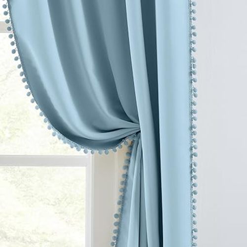 Melodieux Blue Pom Pom Curtains 84 Inches Long for Bedroom, Living Room Darkening Blackout Boho Curtains 2 Panels, Cotton Textured Thermal Insulated Drapes Rod Pocket for Kids Nursery, 52" W x 84" L