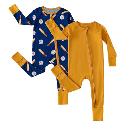 Chichoo Rayon from Bamboo Baby Pajamas Boy 2pack Baseball Football Infant 2 Way Zipper Pjs Romper Newborn Footless Sleeper