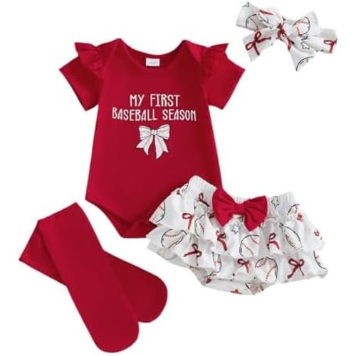 My First Baseball Season Baby Girl Outfit Newborn Ruffle Short Sleeve Romper Layered Tutu Skirt Headband Socks Sets