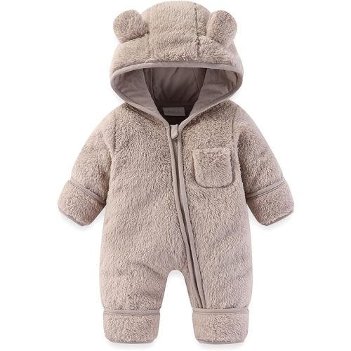 Newborn Baby Bear Onepiece Outfit Suit Girls Boys Fleece Footie With Fold-over Feet Glove Jumpsuit Romper Hooded