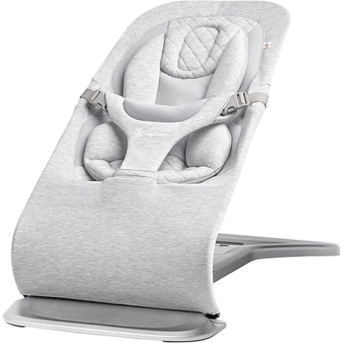 Ergobaby Evolve 3-in-1 Bouncer Seat for Babies and Toddlers 5.5-25lbs - Multi Position Baby Rocker Seat with Adjustable Heights, Secure Harness, Newborn Insert - Light Grey