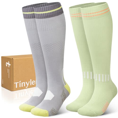 TINYLEMON Wide Calf Compression Socks for Women Pregnancy Cute Fun 15-20mmHg Knee High Support Socks for Nurse, Medical, Travel, Grey, Green, S/M