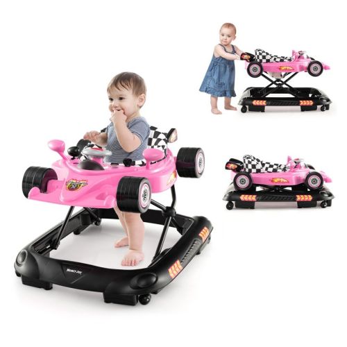 Safstar 4-in-1 Baby Walker, Foldable Infant Activity Push Walker, w/Adjustable Heights, Music, Lights, Removable Tray, for 7-14 Months, Pink