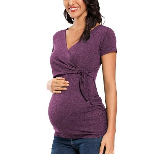 Glampunch Women's Maternity Shirts Short & Long Sleeve Tie Front Wrap Maternity Tops