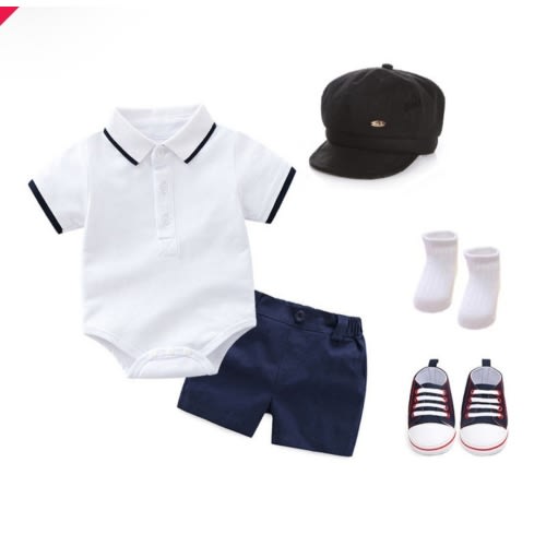 Baby Boy Polo Shirt Romper Suit with Hats, Shoes & Socks