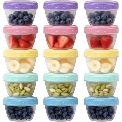 Small Food Containers with Lids for Baby Toddler 4 oz, 15 Pack Easy Open Ultra Thick Reusable Plastic Freezer Kids Food Storage Box for Snack Lunch Daycare School, Measuring, Dishwasher Safe, BPA Free