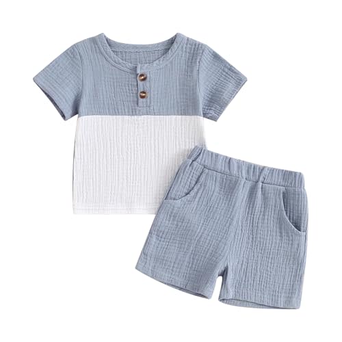 fhutpw Baby Boy Summer Outfits Henley Shirt Soft Pocket Short Sleeve Tops & Shorts Sets Infant 3 6 12 18 Months 2T Clothes