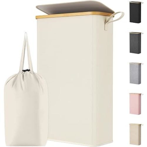 Lifewit 65L Slim Laundry Hamper with Lid, Narrow Laundry Basket with Removable Bag & Bamboo Handles, Fodable Thin Dirty Clothes Hamper for Laundry Collapsible Bin for Bathroom Bedroom Dorm, White