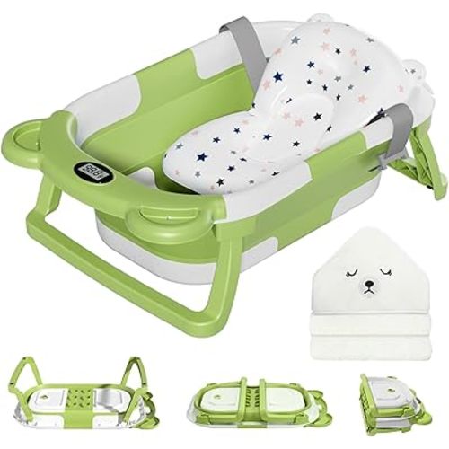 MoreFeel Collapsible Baby Bathtub for Newborn with Thermometer & 1 Hooded Towel & 1 Soft Floating Cushion,Portable Travel Bathtub with Drain Hole, Durable Foldable Baby Tubs for Infants to Toddler
