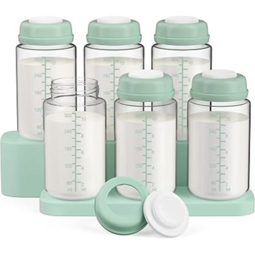 6 Pack 10oz Wide-mouth Breastmilk Storage Bottle for Momcozy 22oz Portable Breast Milk Cooler, Pumping Storage Containers Compatible with Spectra S1/S2/9 Plus/SG/Motif Luna (6PC/Green Lids)