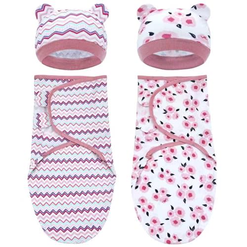 Dizila 2 Sets Adjustable Soft Cotton Blend Newborn Infant Baby Girl Receiving Swaddle Blankets Sleep Sacks with Matching Nursery Hats Caps Beanies Bonnets (Set 3)