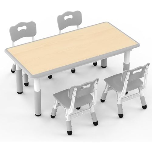 HLPB Kids Table and 4 Chairs Set, Adjustable Height, Graffiti Desktop, Non-Slip Legs, 47.2''L x 23.6''W Toddler Multi-Activity Table for Ages 2-8, Max 300lbs, for Daycare, Classroom, Home