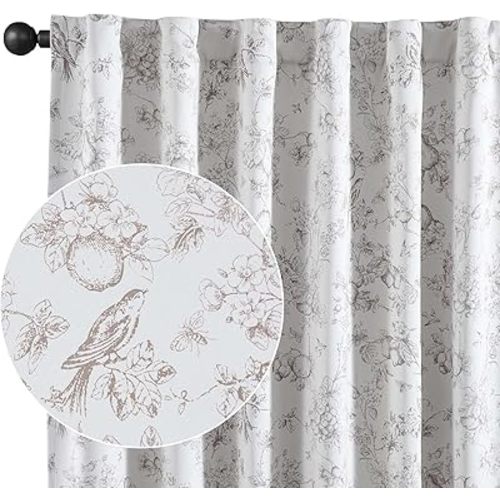 Vangao Taupe Blackout Curtains for Bedroom 84 Inch Length, Country Flower Floral Curtains for Living Room Toile Cottagecore Thermal Insulated Window Drapes, 2 Panels Taupe and White