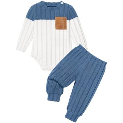 Baby Boy Clothes Color Block Ribbed Knitted Outfits Long Sleeve Romper+ Pants 2PCS Outfit 0-12 Months