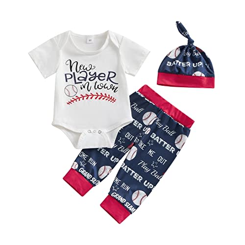 Chloefairy Newborn Baby Boy Baseball Outfit New Player in Town Romper Baseball Jogger Pants 3Pcs Coming Home Outfit