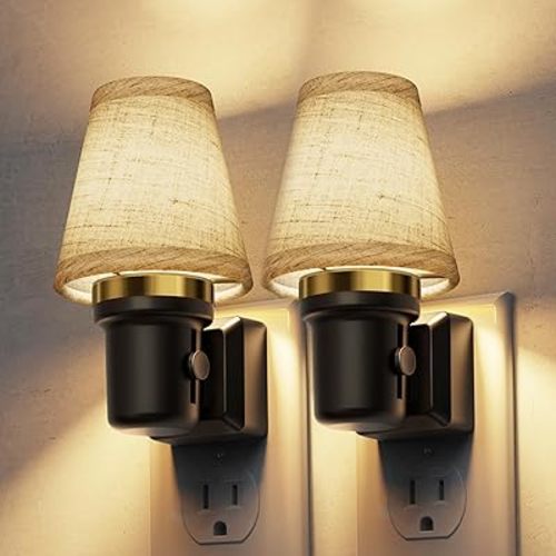 L LOHAS LED Night Lights Plug into Wall, 2 Pack Linen Fabric Round Platform Decor Night Light, Dusk to Dawn Sensor Vintage Nightlight, 0-100LM Dimmable, for Bedroom Living Room Hallway