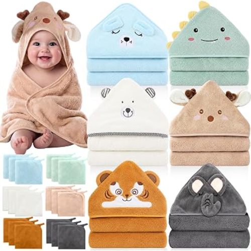 Tegeme 24 Pcs Hooded Baby Towels and Washcloths Set, Forest Friends