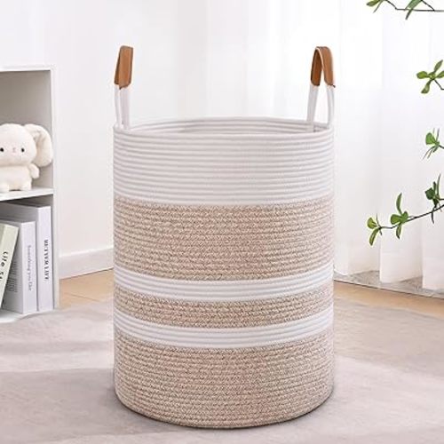 60L Striped Laundry Basket, Brown Laundry Hamper with Leather Handles, Woven Cotton Rope Storage Bin for Blankets, Nursery Hamper for Clothes, Toys In Bathroom, Livingroom, Bedroom