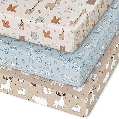 Pack and Play Sheets Fitted 3 Pack, Mini Crib Sheets for Pack N Play Mattress Stretchy Portable Playard Sheets, Soft Breathable Blue & Apricot Bear