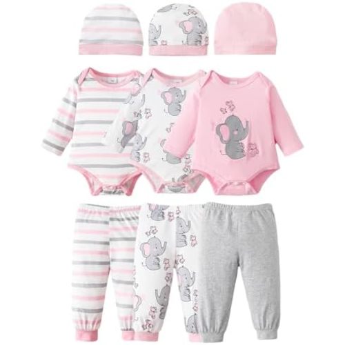 3-Pack Baby Girl Clothes Newborn Infant Romper Bodysuits Pants Hats Layette Set Shower Gifts 0-18 Months