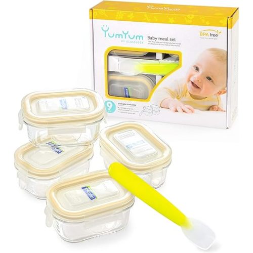 Glasslock 9pcs Set Yum Yum Eco Friendly Airtight Spill Proof Baby Meal Food Storage Container with Silicon Spoon 150ml, Safely Freeze Your Homemade Baby Food, Baby Shower Registry Gift Set