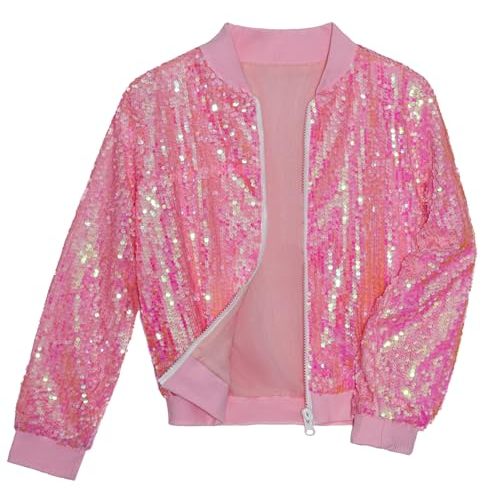 Onedema Girls Sequin Bomber Jacket Sparkly Outfit Long Sleeve Zipper Bright Colors with Pocket 5-12T
