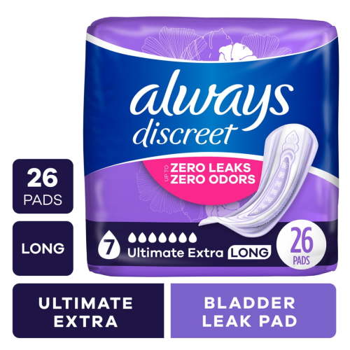 Always Discreet Feminine Incontinence Pads, Extra Protect Absorbency, Long, Scented, 26 CT