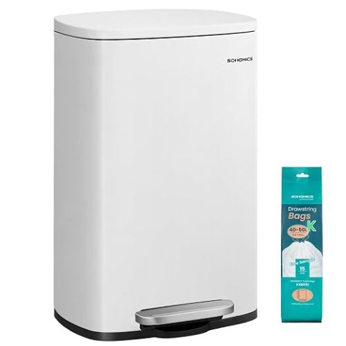 SONGMICS 13 Gallon (50 L) Trash Can, Stainless Steel Kitchen Garbage Can, Recycling or Waste Bin, Soft Close, Step-On Pedal, Removable Inner Bucket, White ULTB050W01