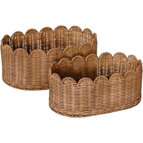 BEBE BASK Premium Scalloped Basket Set Of 2 - Scallop Basket - 16 x 10 x 7 Inch - Hand-Woven Elegant Wicker With Scalloped Edge - Nursery Storage (Mocca)