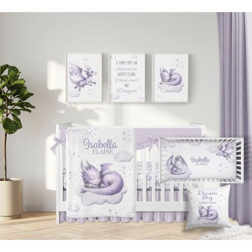 Baby Girl Dragon Crib Bedding Set, Personalized Baby Girl Blanket, Purple Sleeping Dragon Nursery Set, Custom Baby Girl Nursery Set -359
