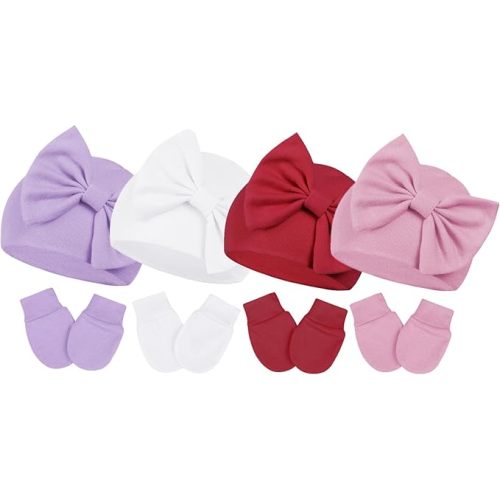 Newborn Baby Girl Hats and Mittens Set, Hospital Hat, Bow Beanie Infant Gift, Soft Cotton Gloves for 0-6 Months